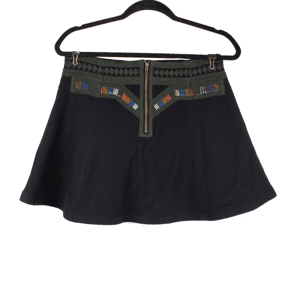 Free People Womens Black Green Tribal Cheer Embroidered Boho Mini Skirt Size S - Picture 2 of 5